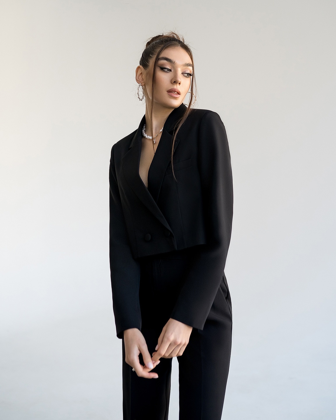 Black chic crop blazer and high waist pants with slits set