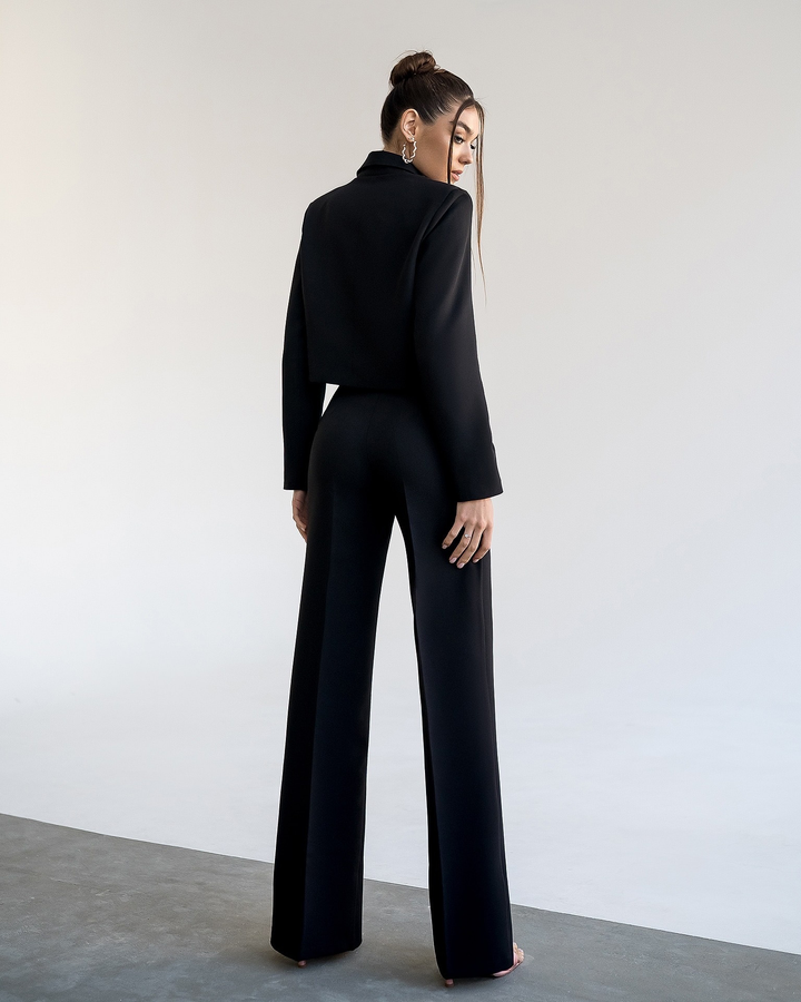 Black chic crop blazer and high waist pants with slits set