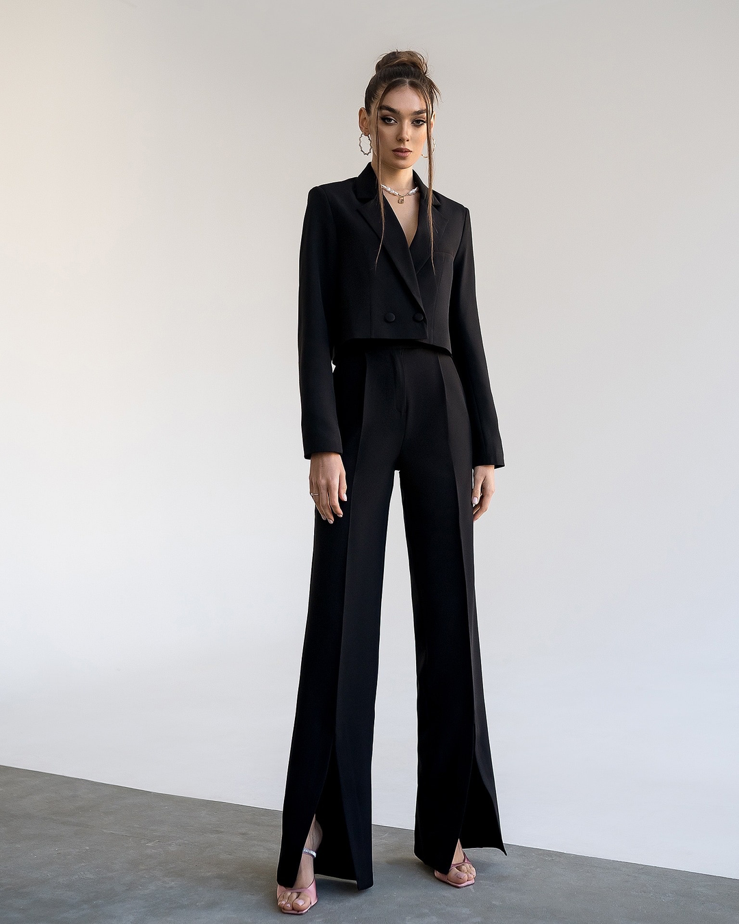 Black chic crop blazer and high waist pants with slits set