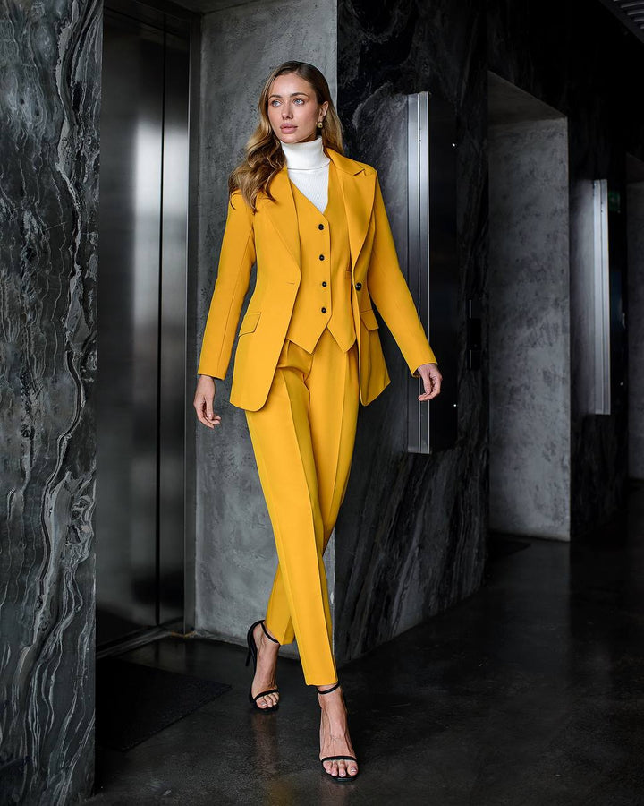 Mustard Yellow formal 3-piece pantsuit for women: blazer, waistcoat, regular pants