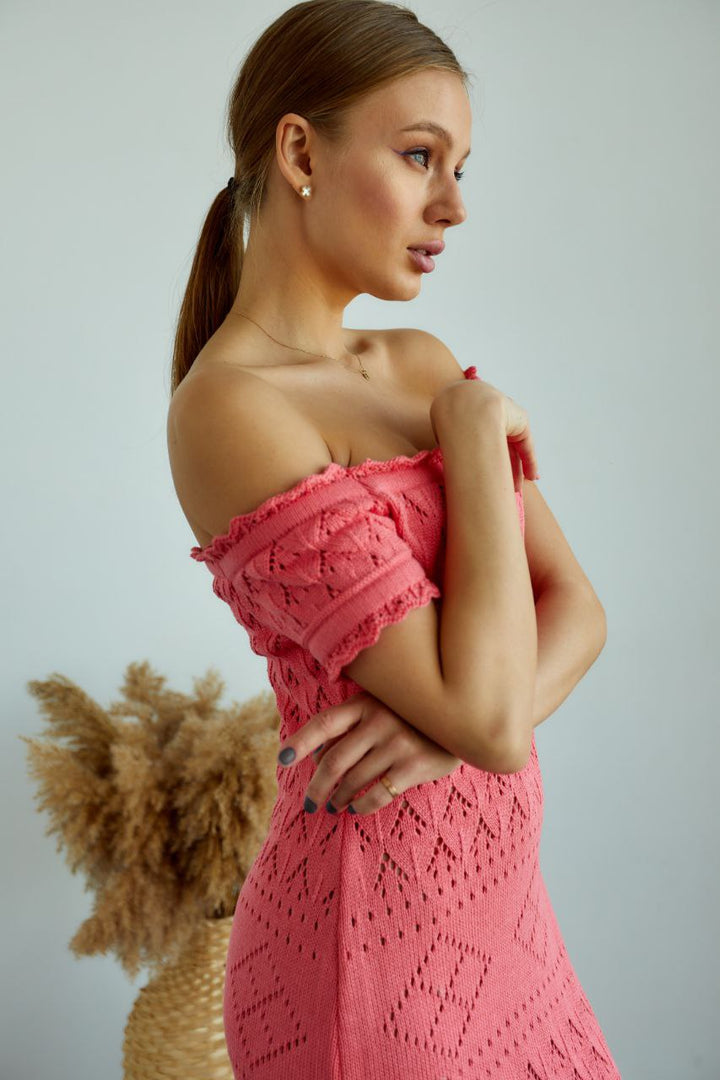 Boho Knit Midi Dress with Fringed Hem Coral