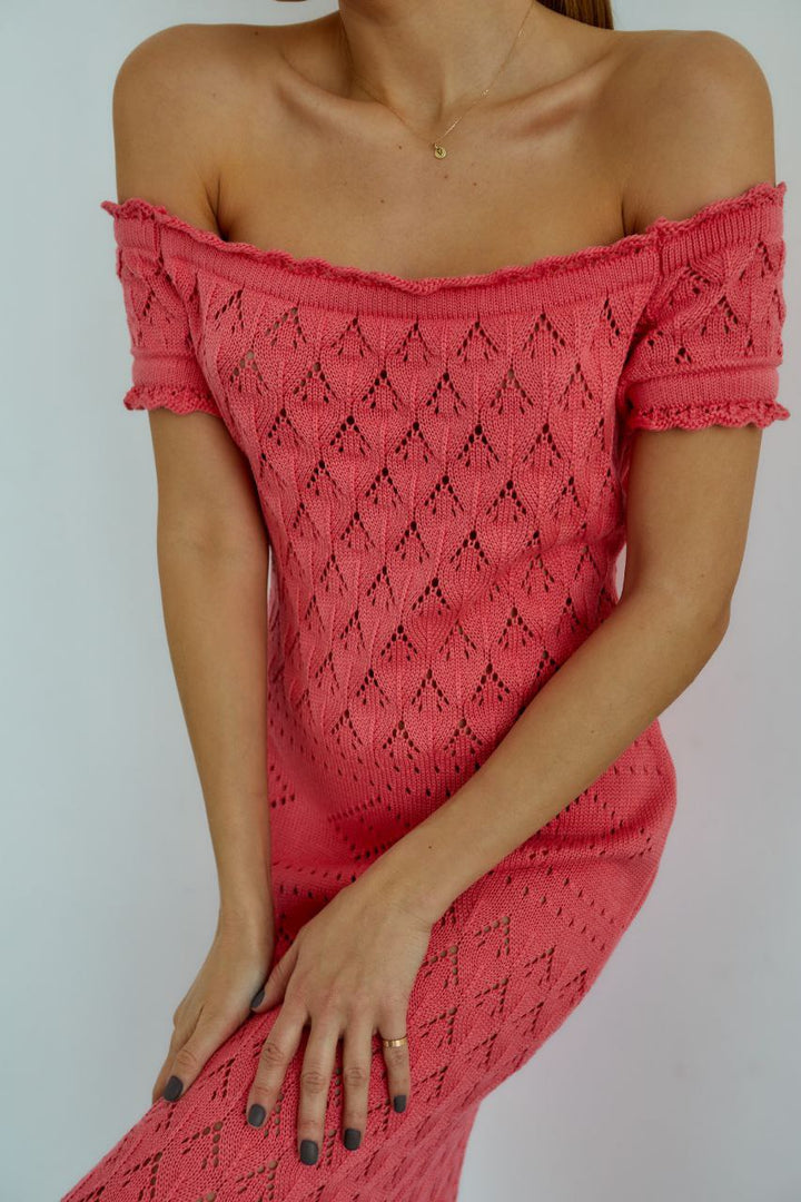 Boho Knit Midi Dress with Fringed Hem Coral