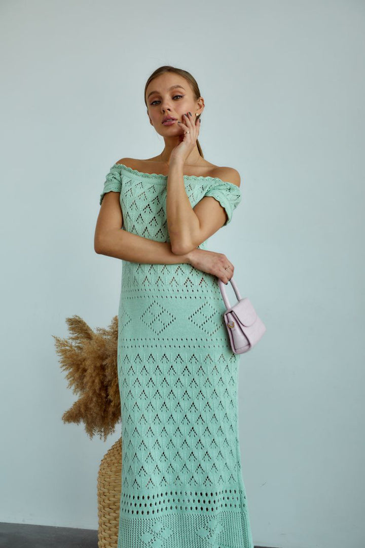 Boho Knit Midi Dress with Fringed Hem Pistachio