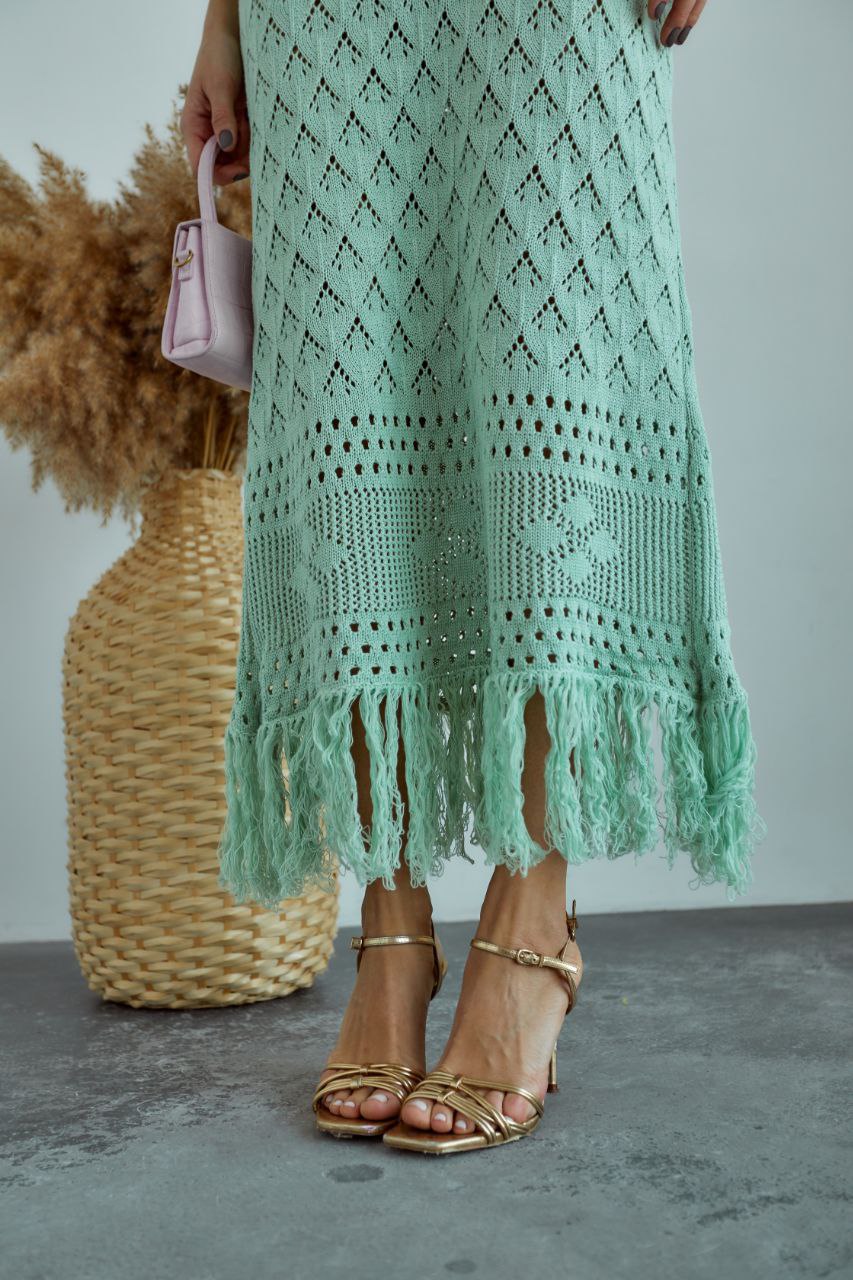 Boho Knit Midi Dress with Fringed Hem Pistachio