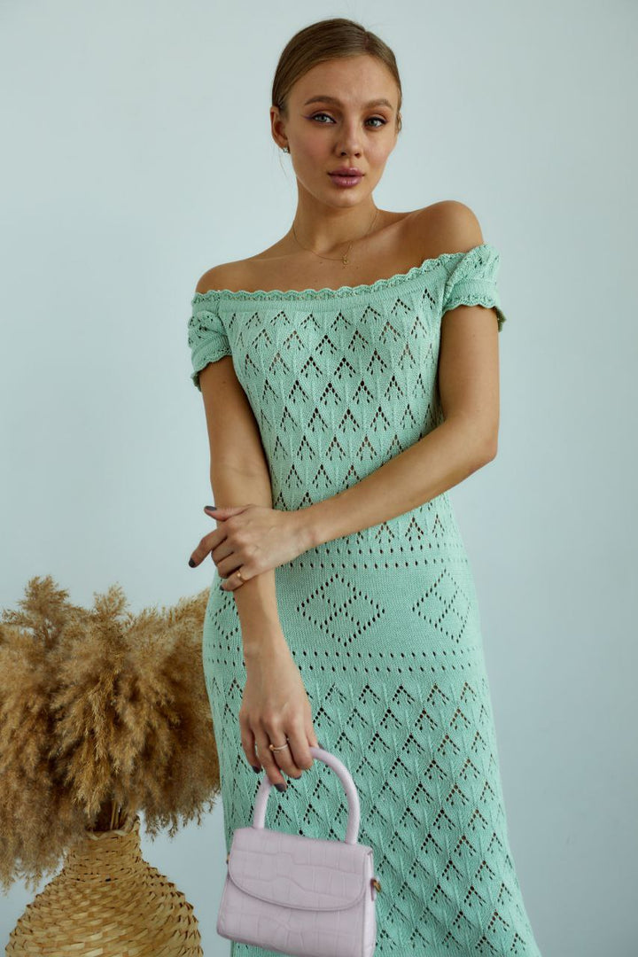 Boho Knit Midi Dress with Fringed Hem Pistachio