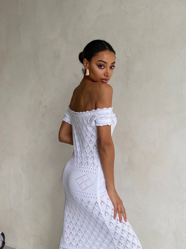 Boho Knit Midi Dress with Fringed Hem White