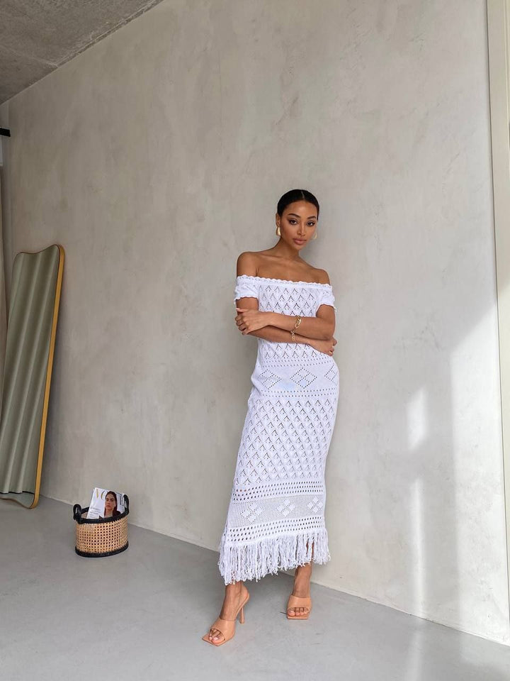 Boho Knit Midi Dress with Fringed Hem White