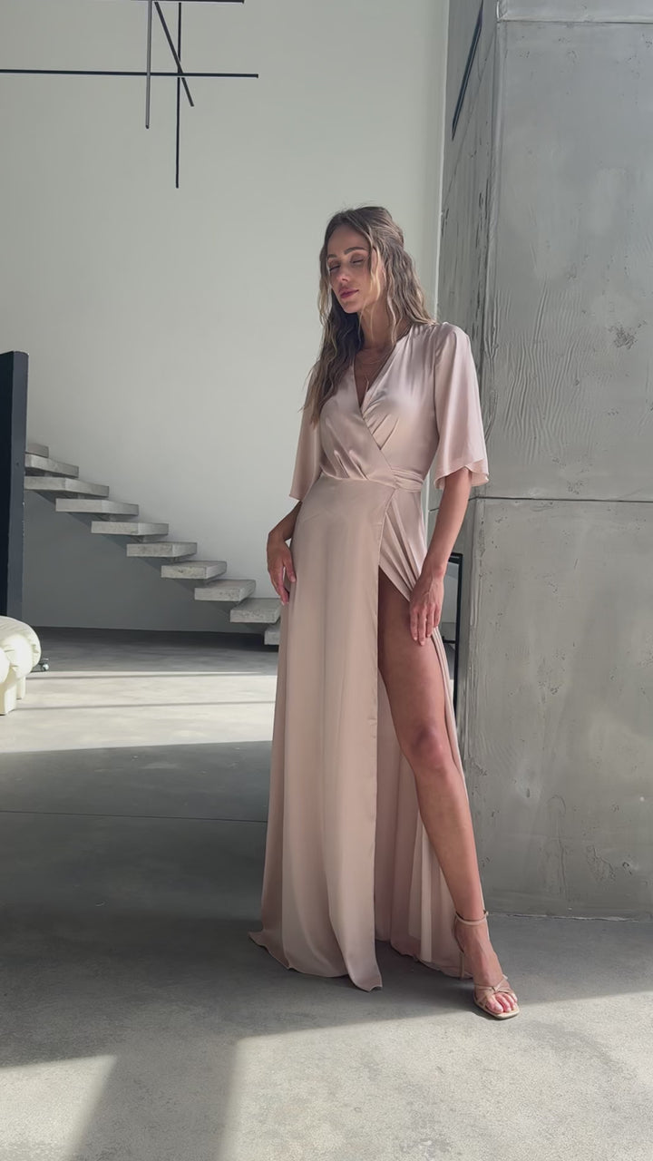 Beige Silk Wrap Maxi Dress