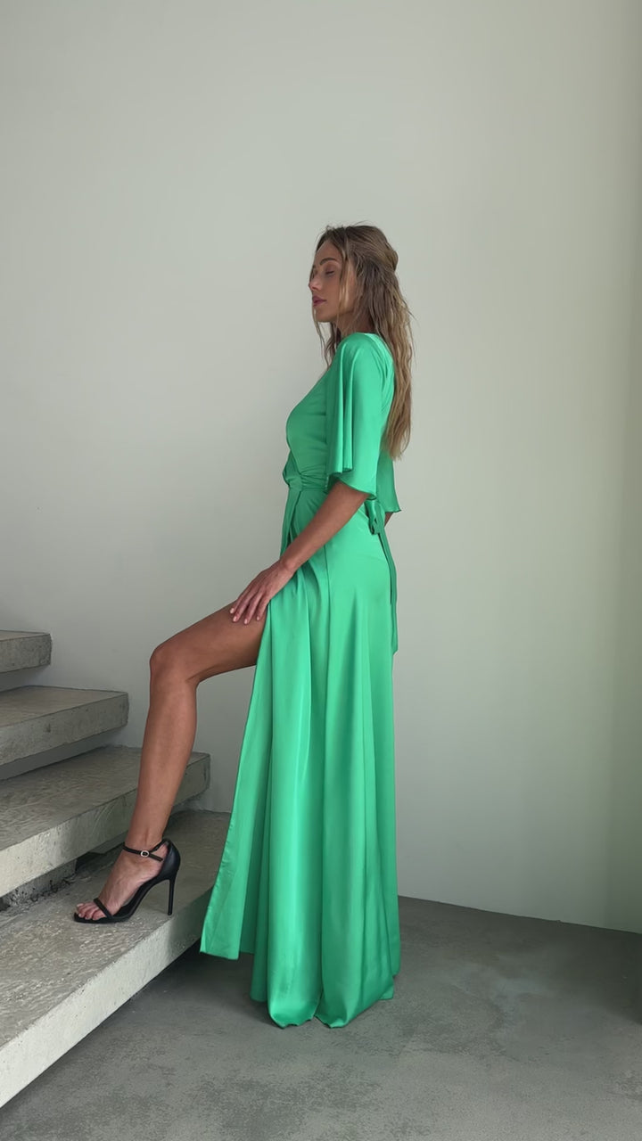 Green Silk Wrap Maxi Dress