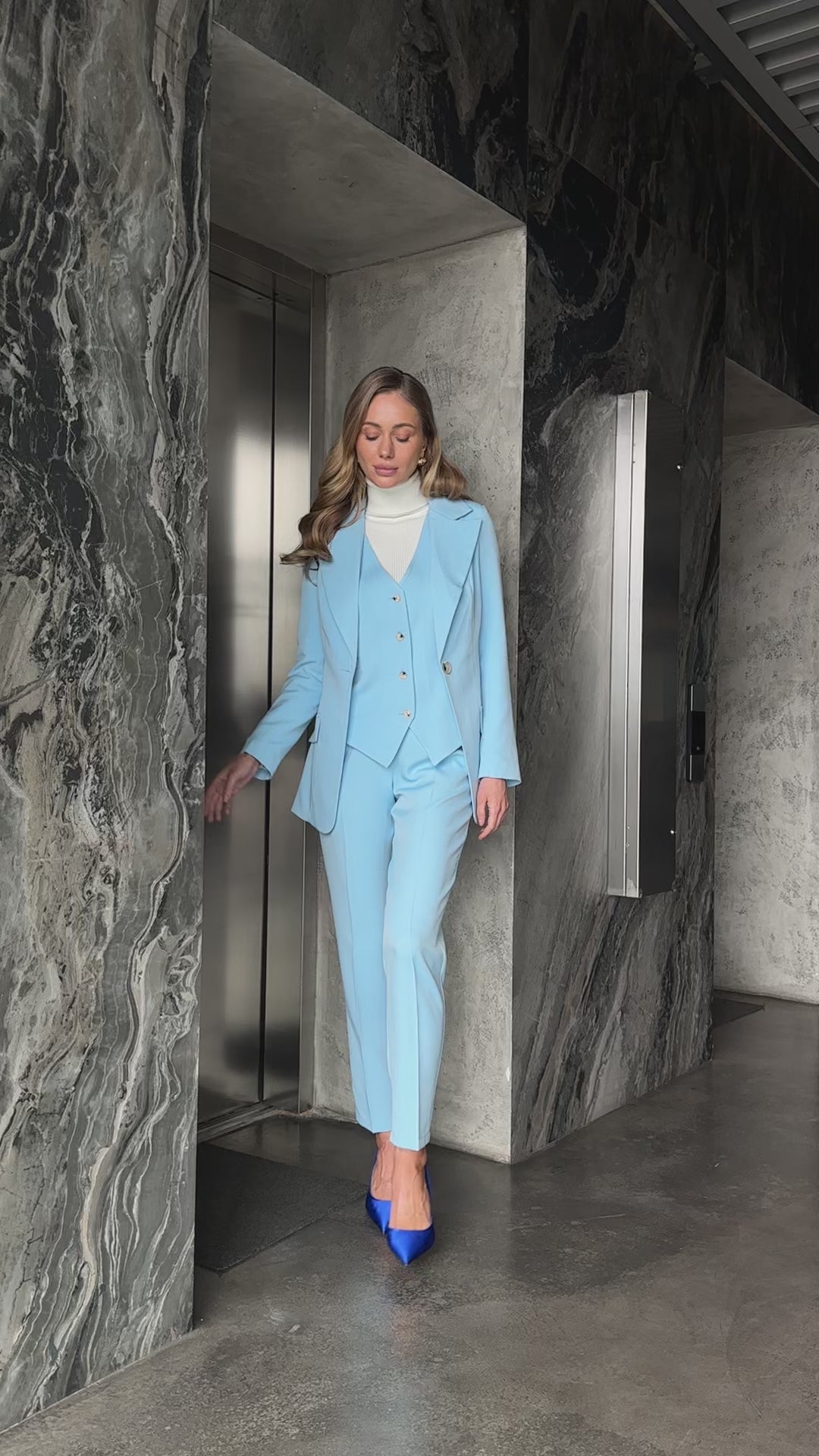 Light Blue formal 3-piece pantsuit for women: blazer, waistcoat, regular pants