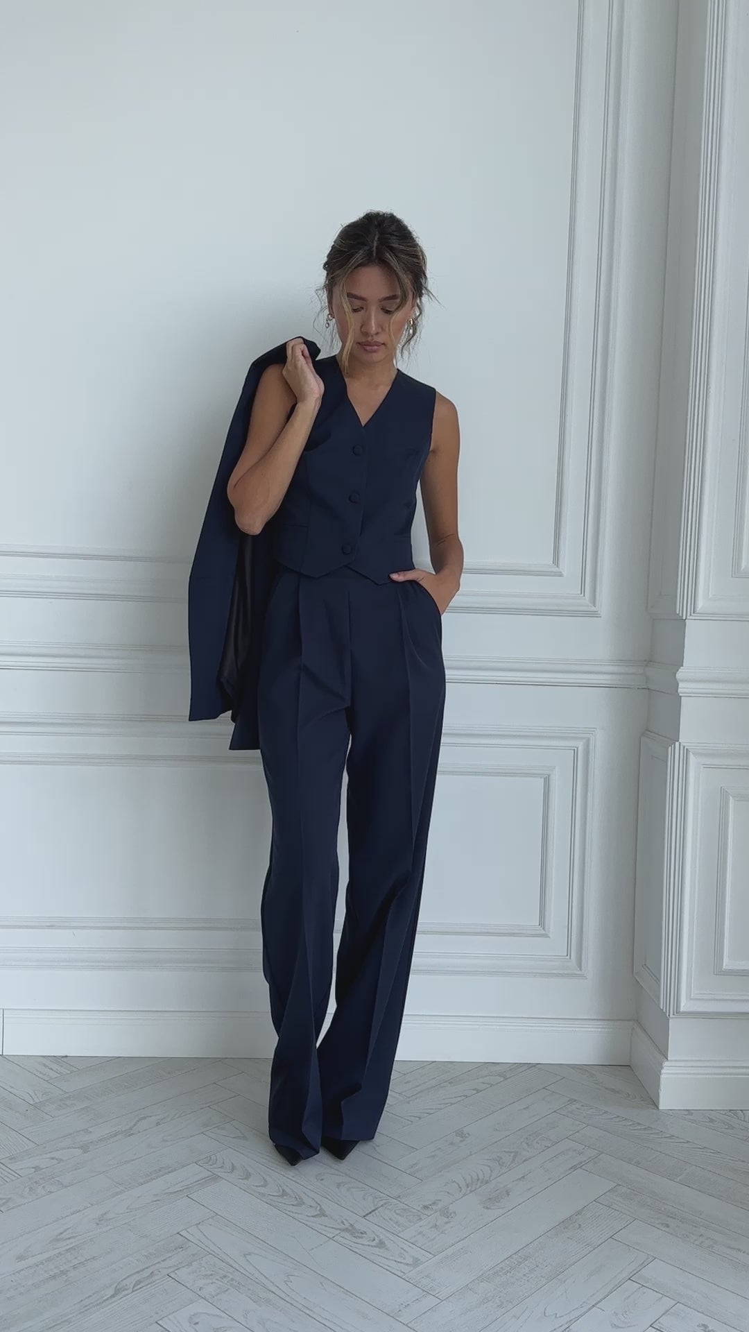 Navy Blue formal 3-piece pantsuit for tall women in oversized style: blazer, waistcoat, trousers