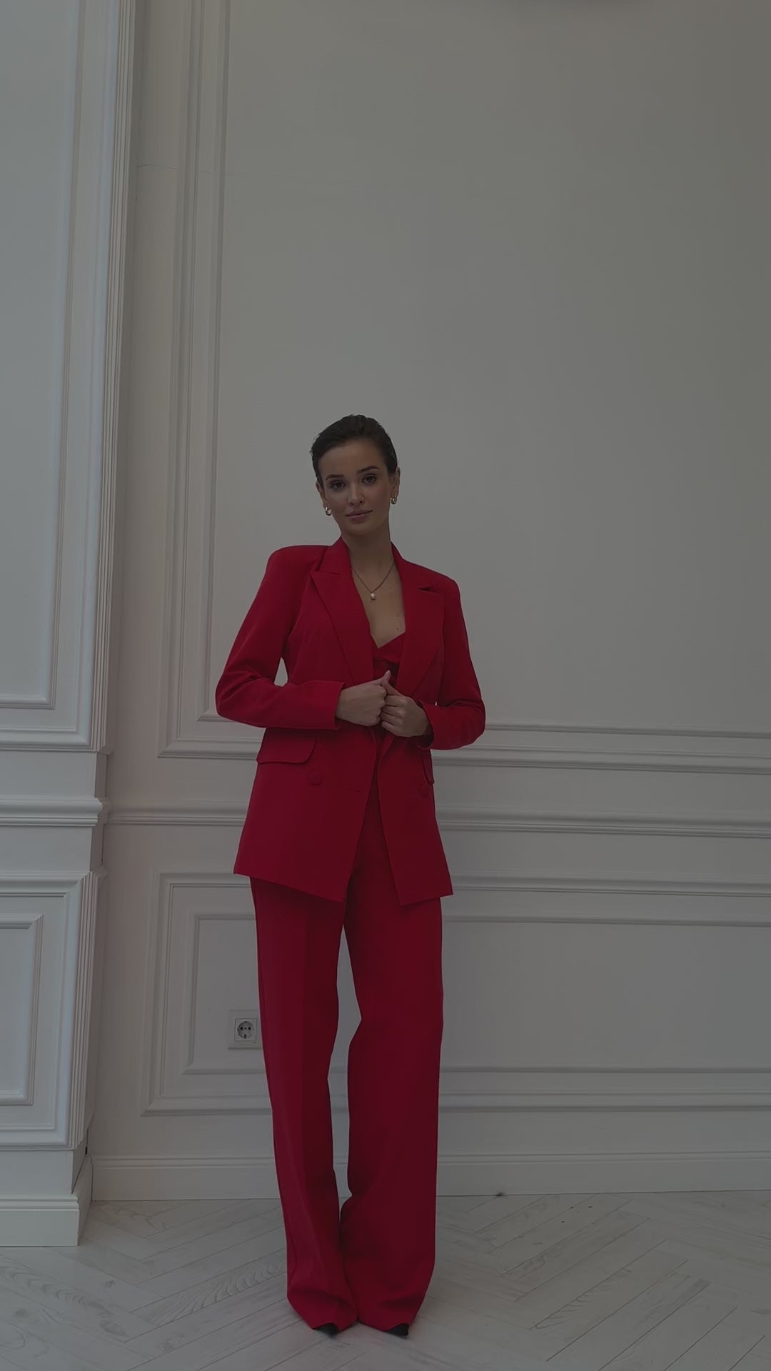 Red chic 3-piece Palazzo Pantsuit: blazer, crop top and pants