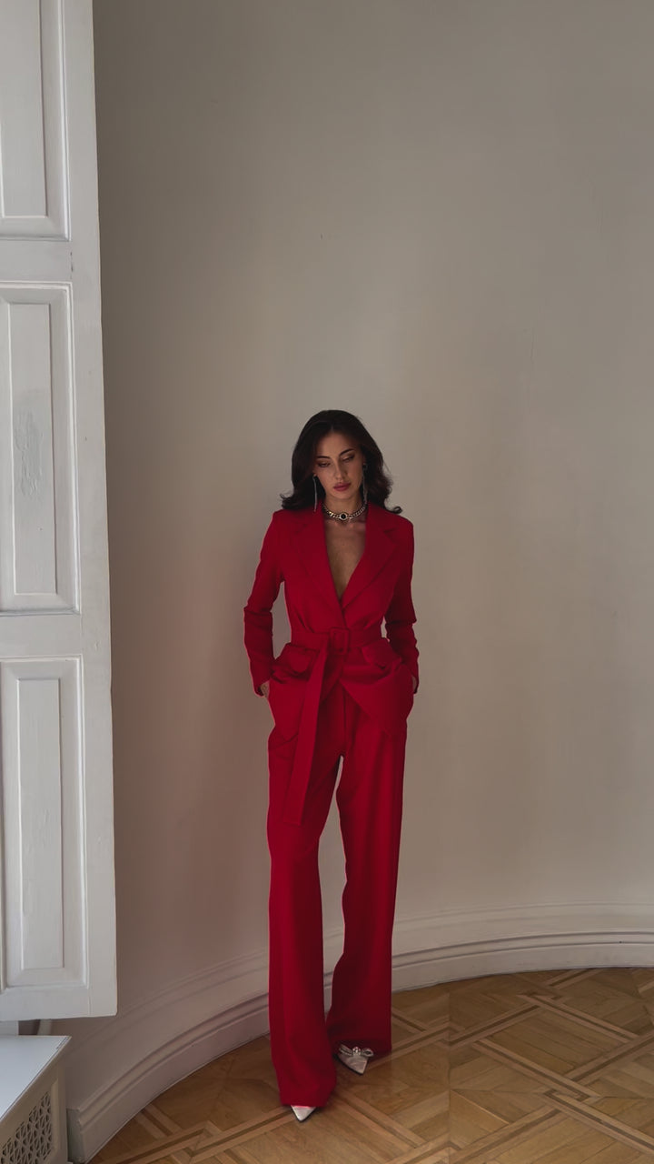 Red 2-piece Blazer trouser Suit with belt for tall Women