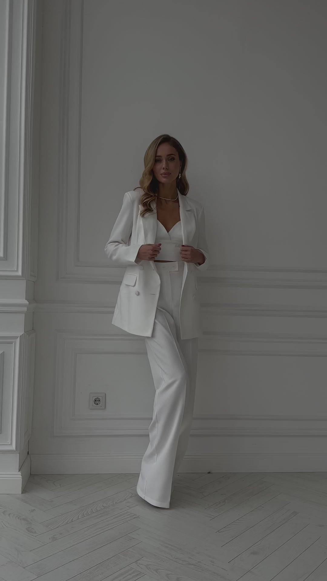 White chic 3-piece Palazzo Pantsuit: blazer, crop top and pants