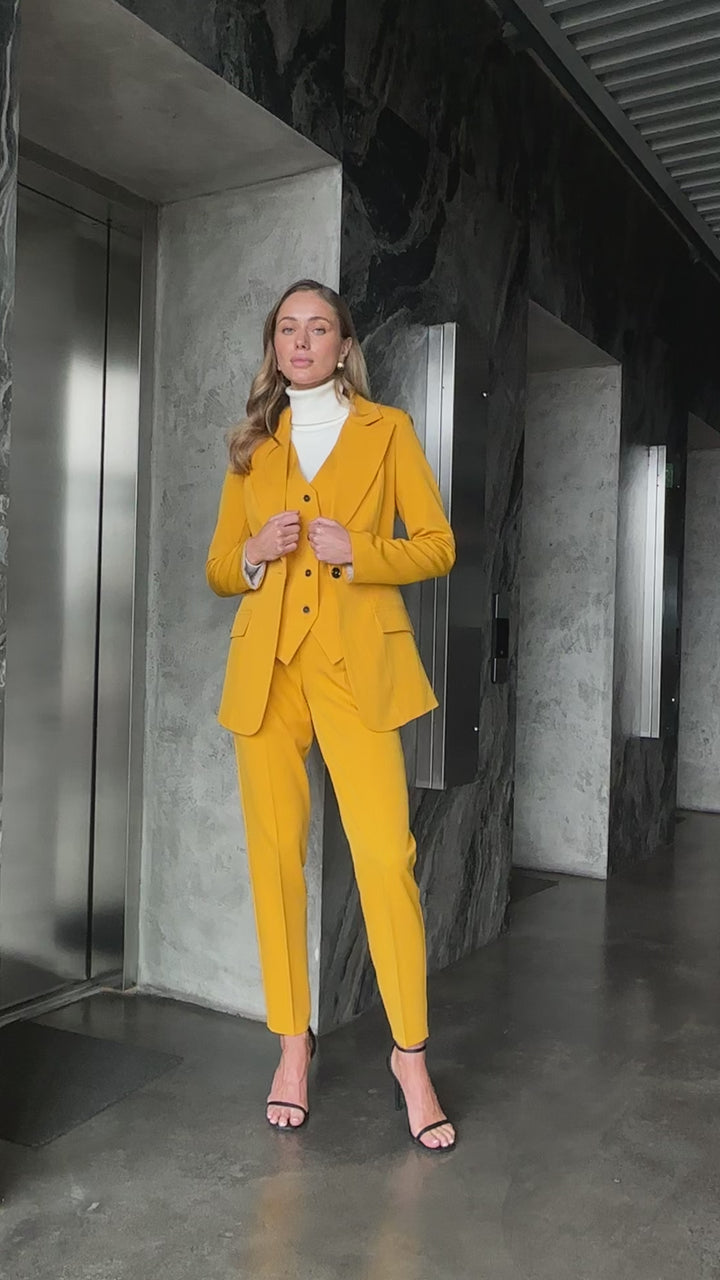 Mustard Yellow formal 3-piece pantsuit for women: blazer, waistcoat, regular pants