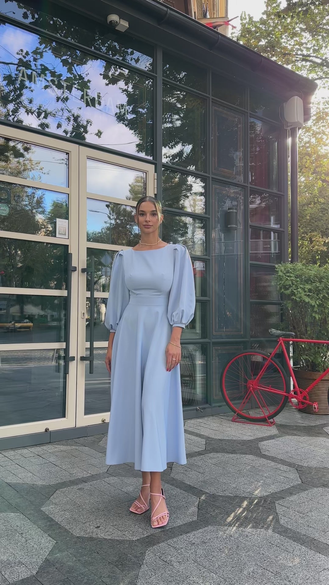 Baby Blue Midi Dress with Open Back and Voluminous Sleeves