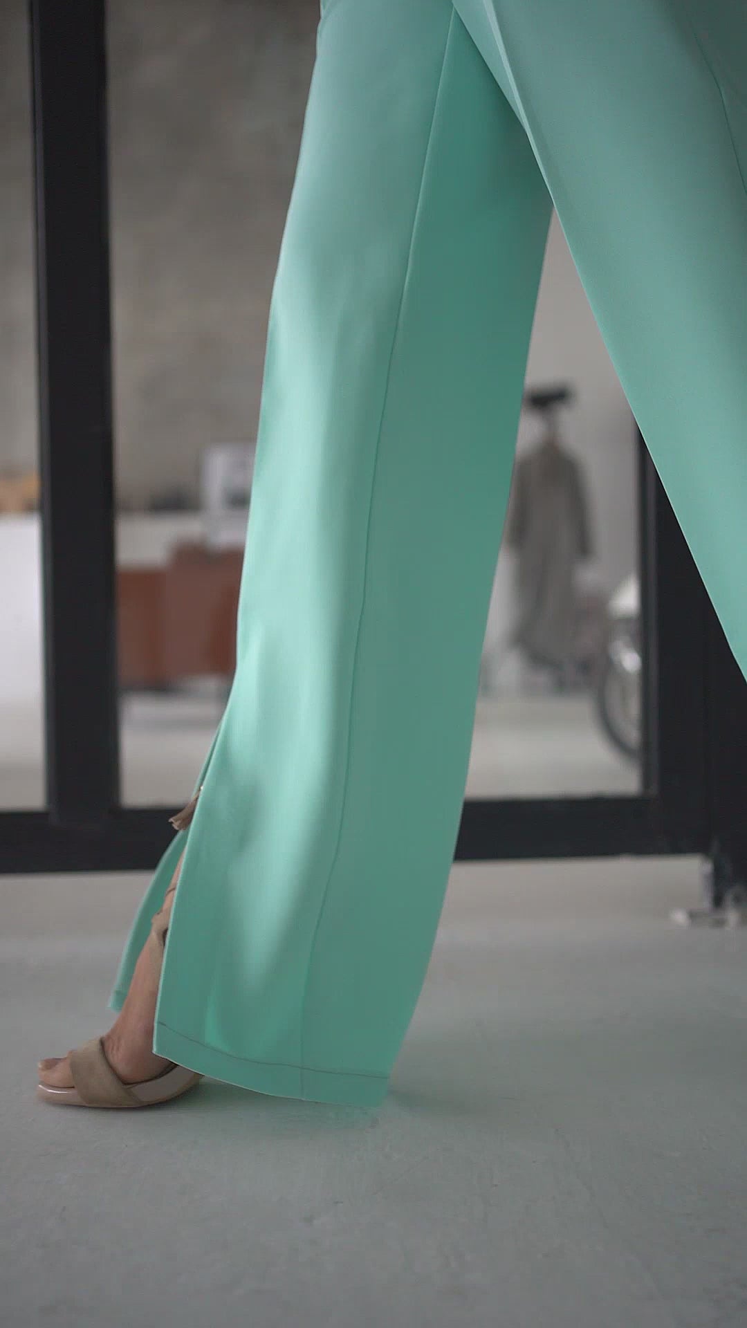 Mint Green chic crop blazer and high waist pants with slits set