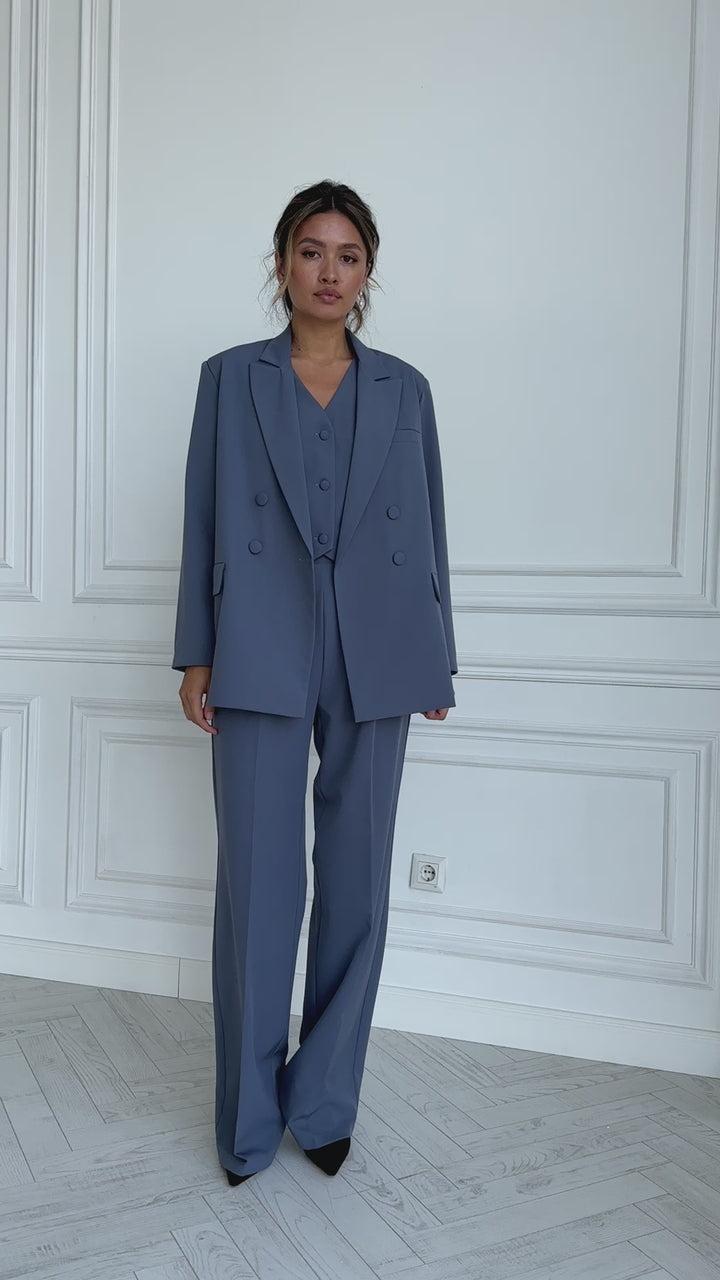 Classic Grey formal 3-piece pantsuit for tall women in oversized style: blazer, waistcoat, trousers