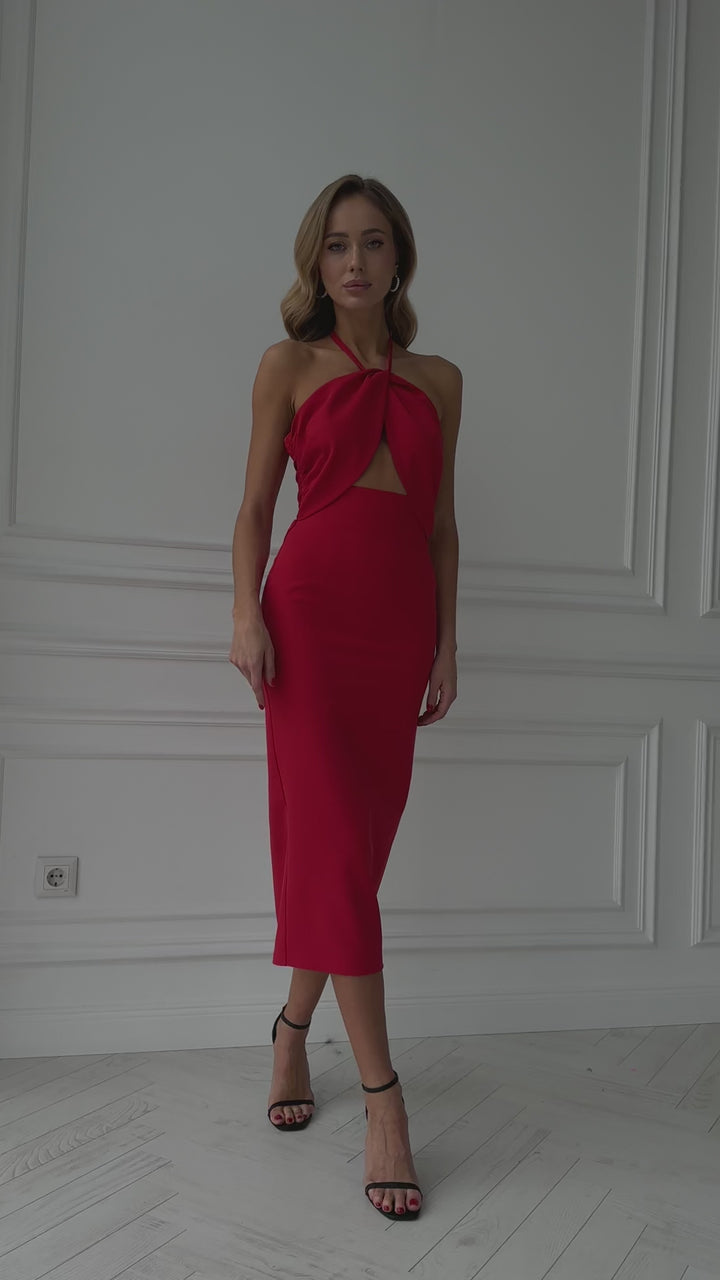 Red Midi Sexy Dress without Sleeves and Halter Neckline