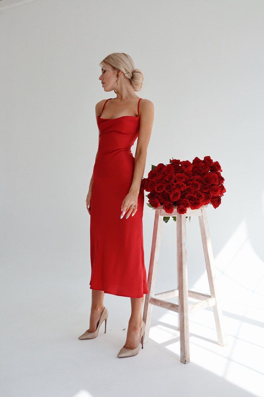 Red Silk Slip Dress with Cowl Neck