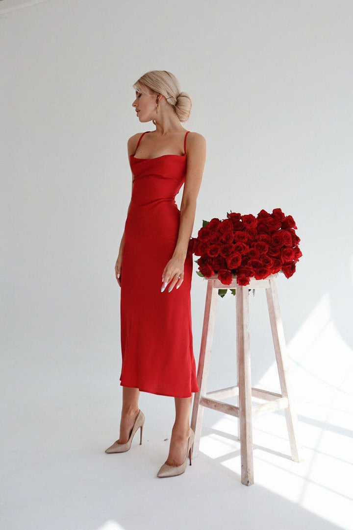 Red Silk Slip Dress with Cowl Neck