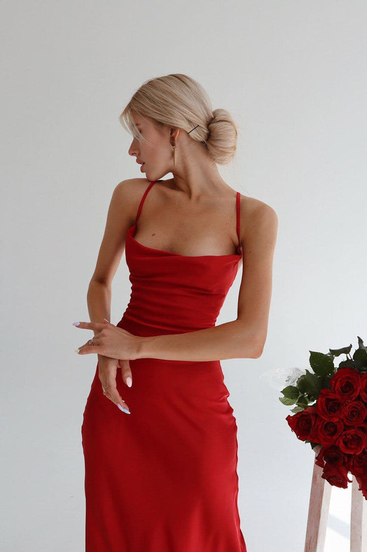 Red Silk Slip Dress with Cowl Neck