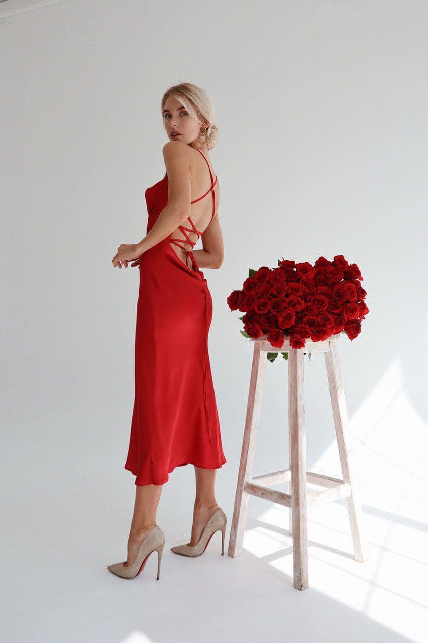 Red Silk Slip Dress with Cowl Neck