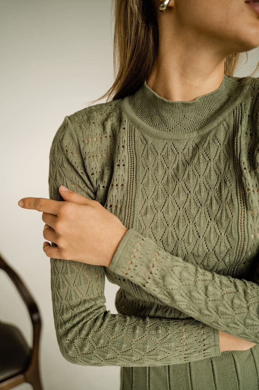 Olive Green Knit Hollow Out Dress
