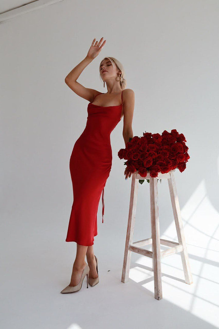 Red Silk Slip Dress with Cowl Neck