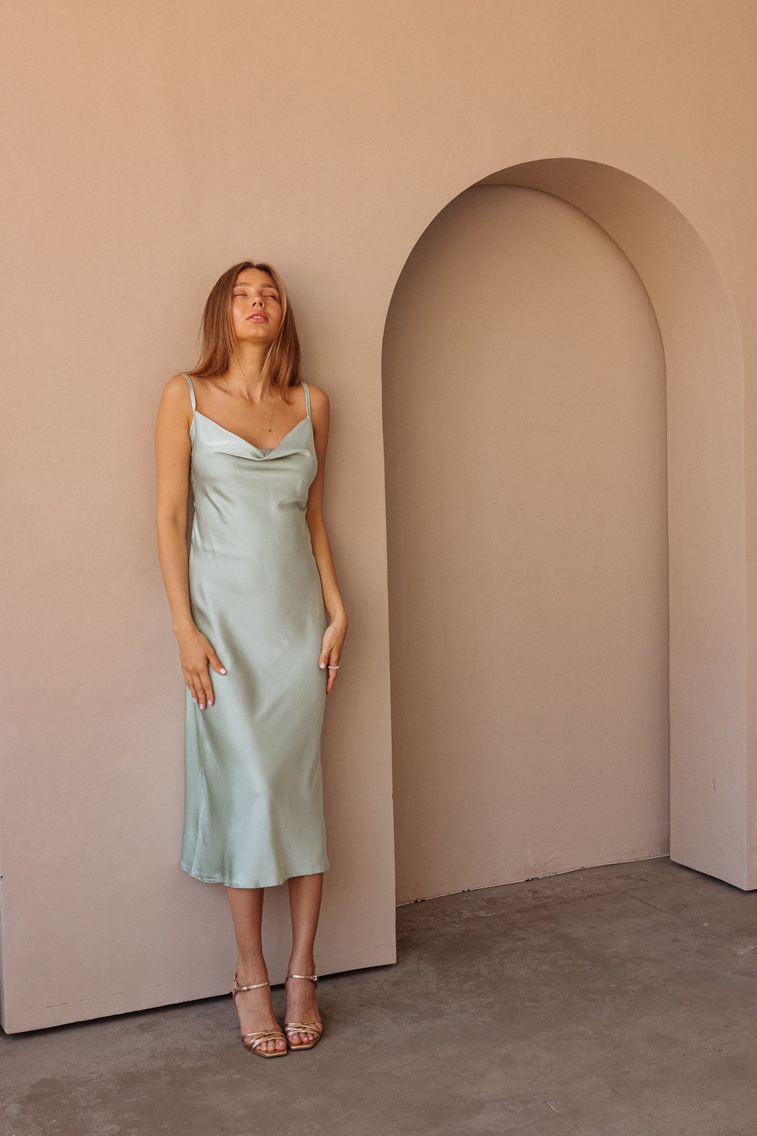 Pistachio Silk Slip Dress with Cowl Neck