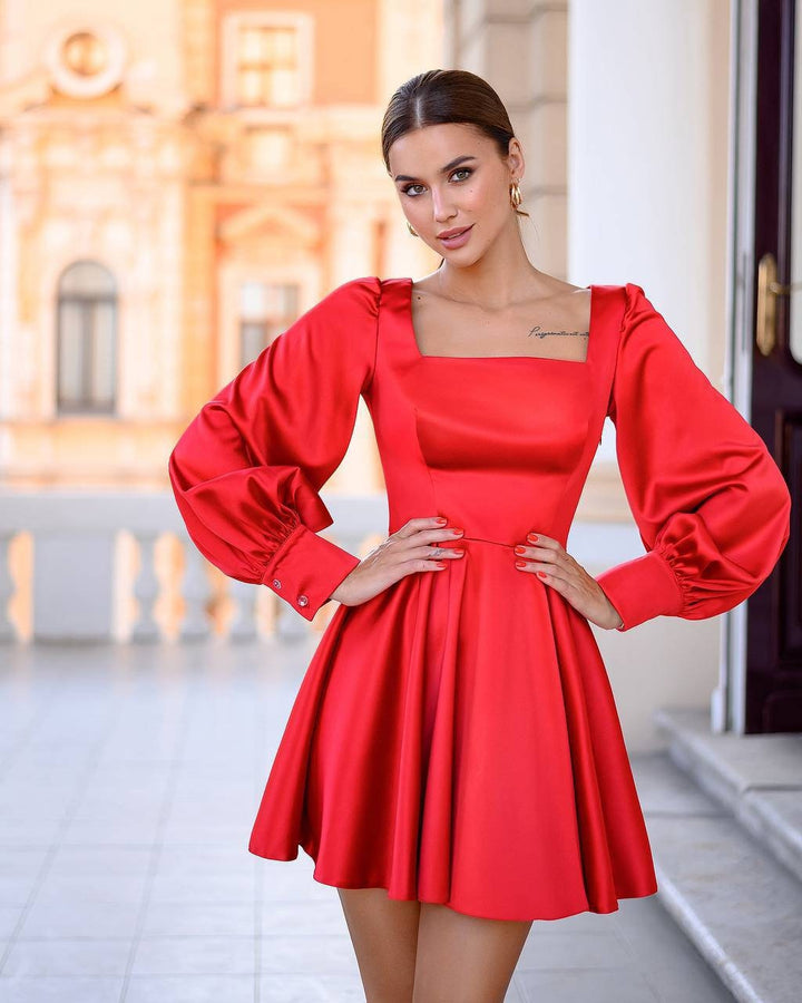 Red silk satin mini dress with bishop sleeves