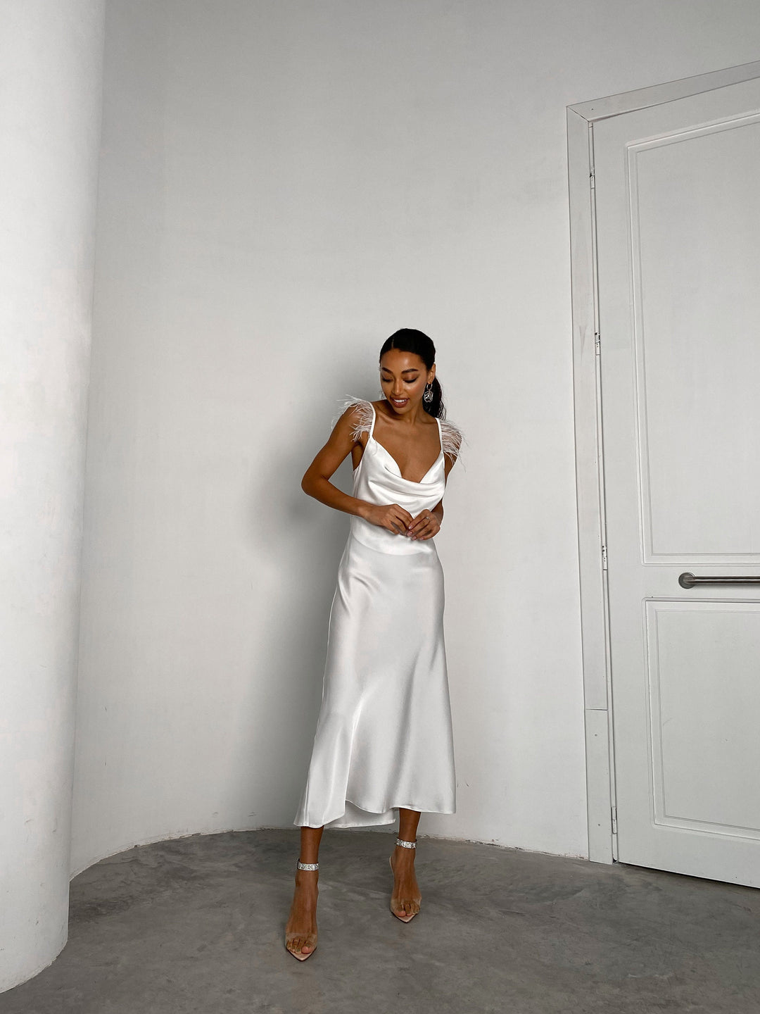 White Silk Slip Dress with feathers