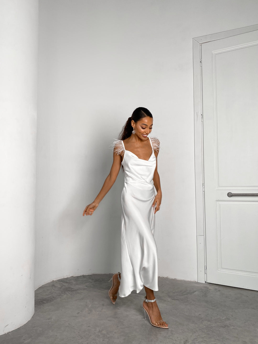 White Silk Slip Dress with feathers