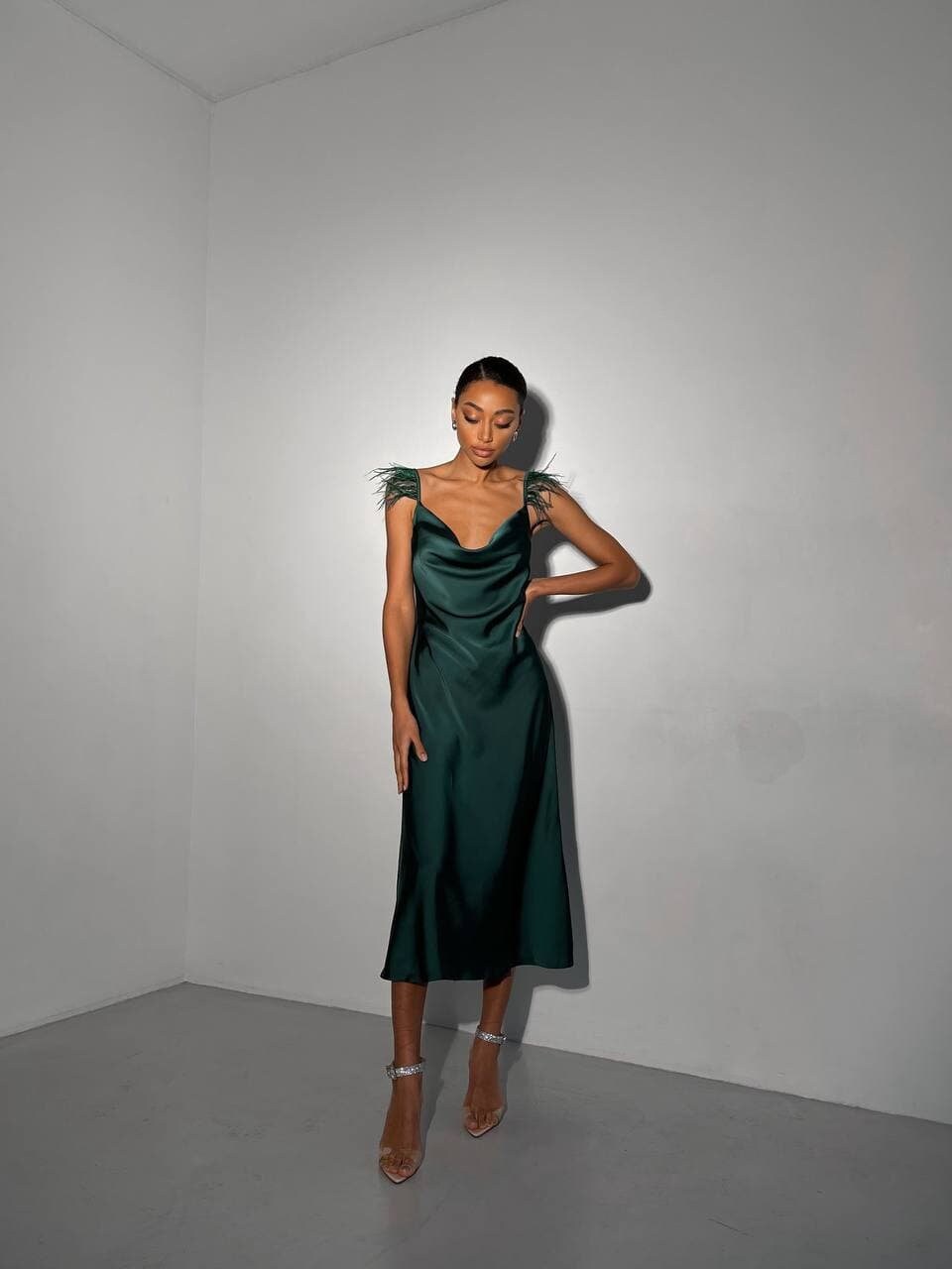 Emerald Green Silk Slip Dress with feathers