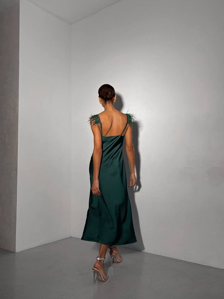 Emerald Green Silk Slip Dress with feathers