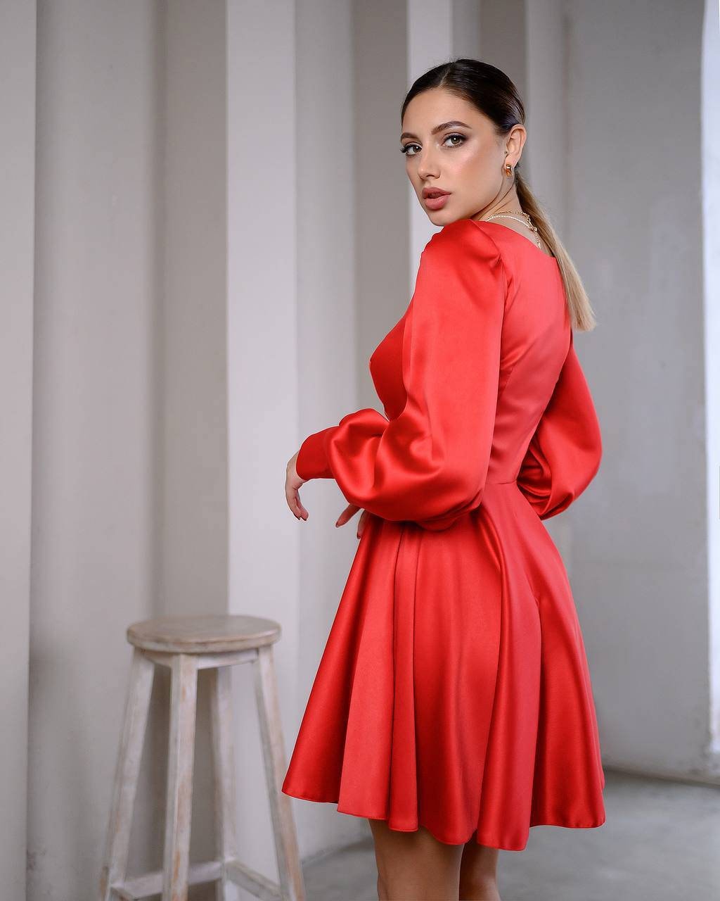 Red silk satin mini dress with bishop sleeves