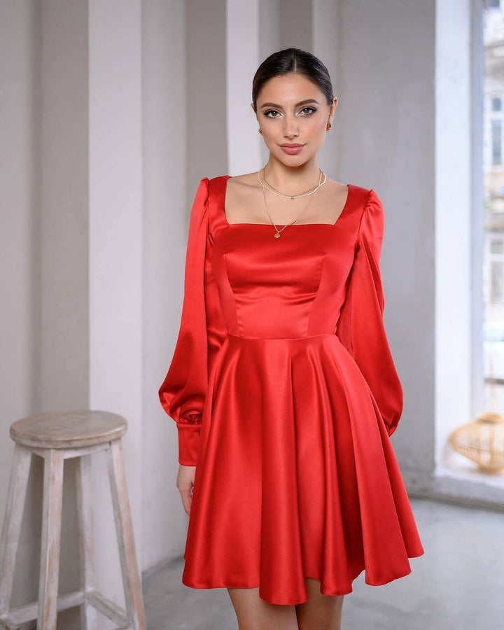 Red silk satin mini dress with bishop sleeves