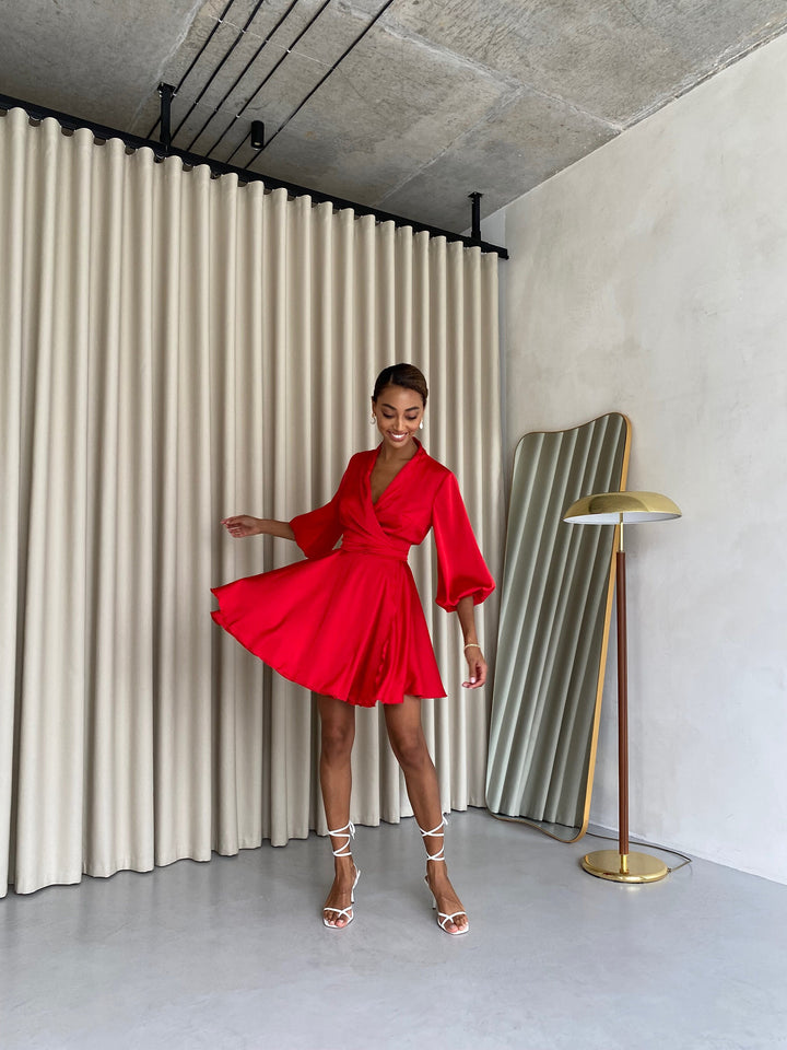 Red Silk Wrap mini Dress