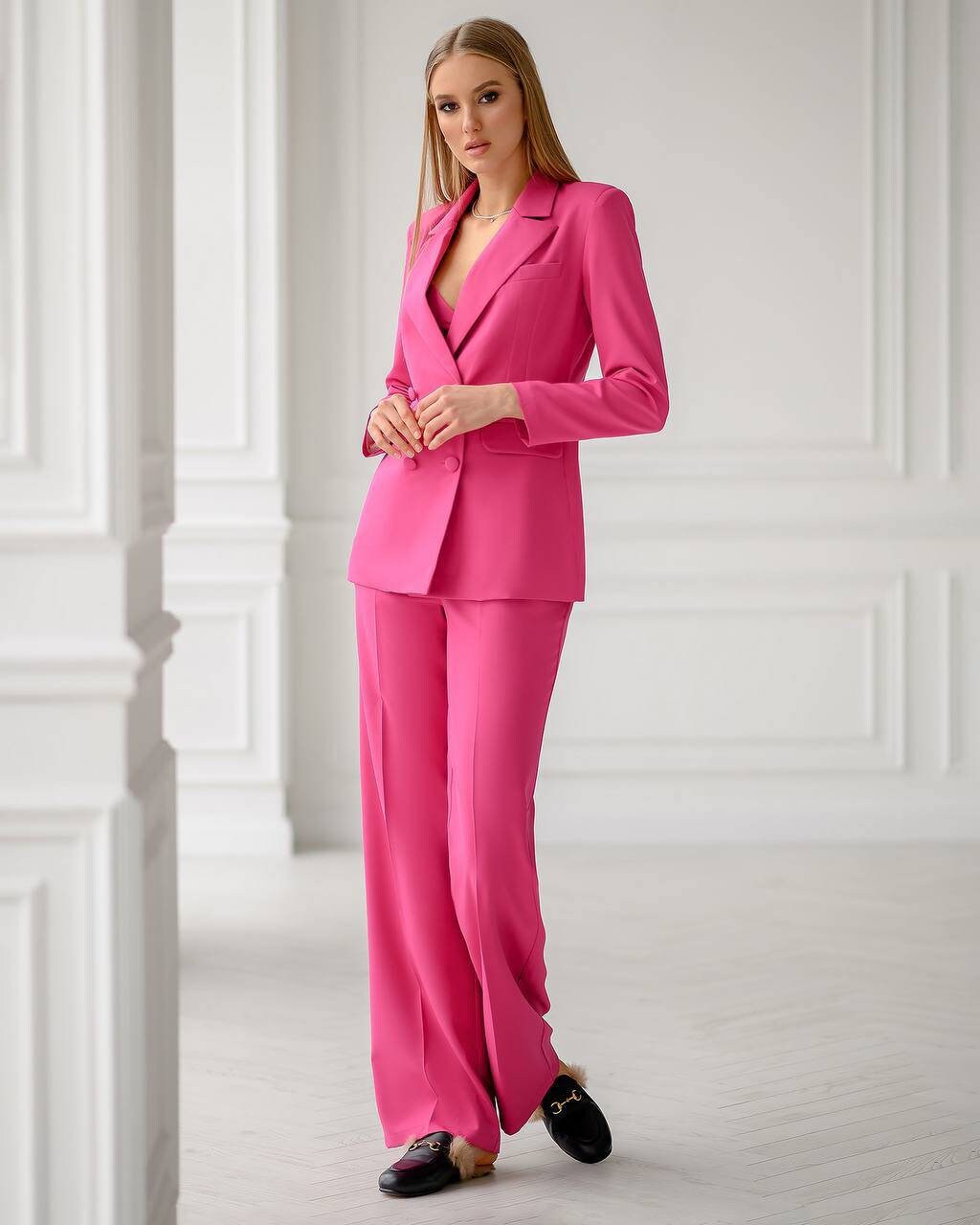 Hot Pink chic 3-piece Palazzo Pantsuit: blazer, crop top and pants
