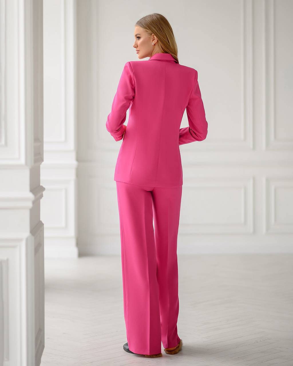 Hot Pink chic 3-piece Palazzo Pantsuit: blazer, crop top and pants