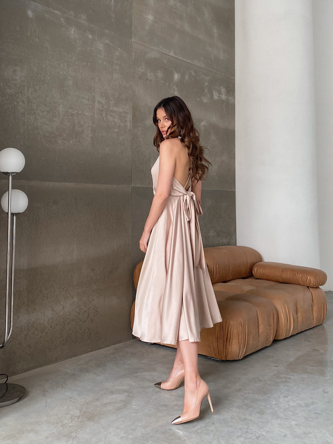 Beige Silk Midi Dress with Open back