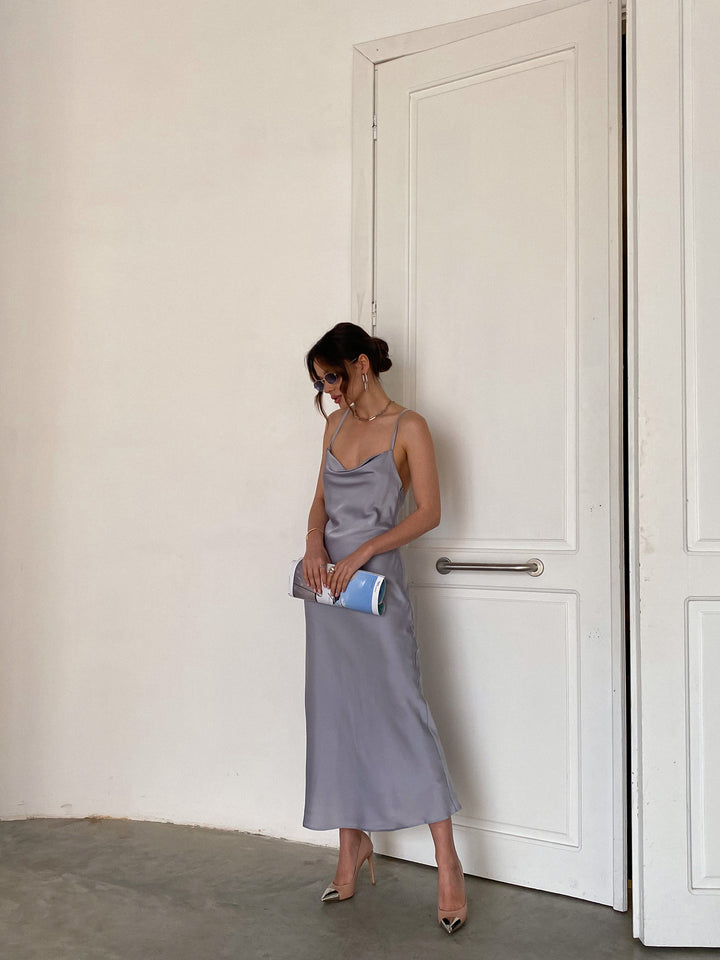 Silver Grey Silk Slip open back Dress