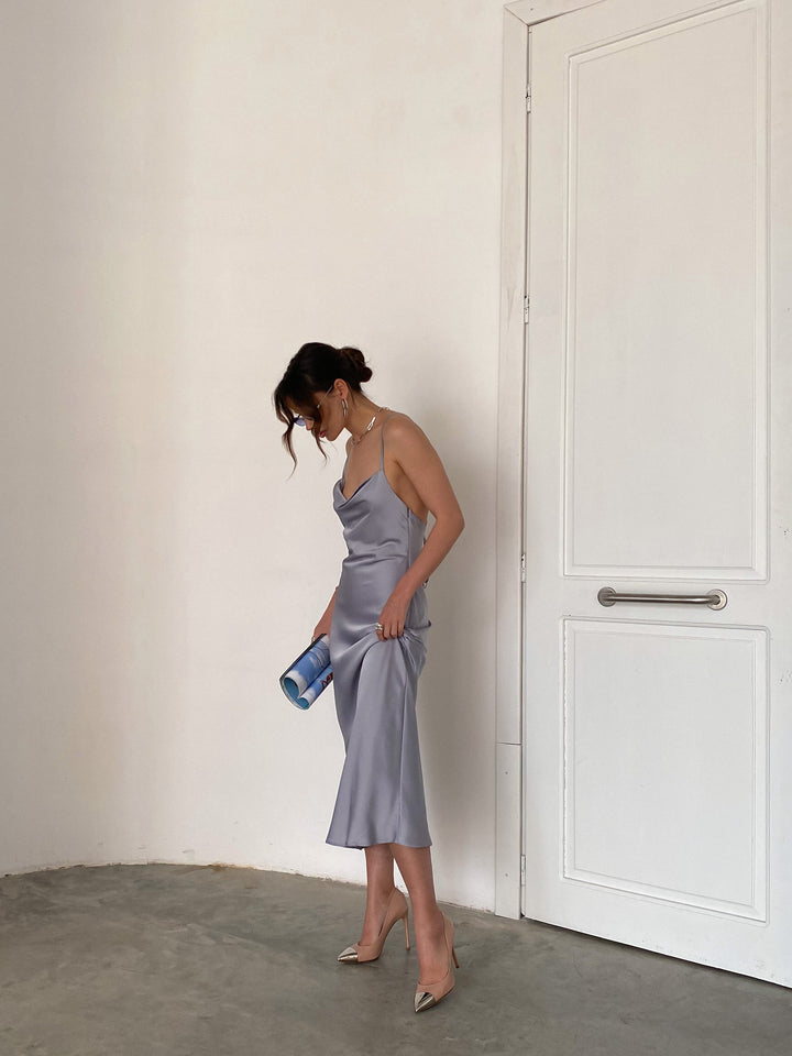 Silver Grey Silk Slip open back Dress