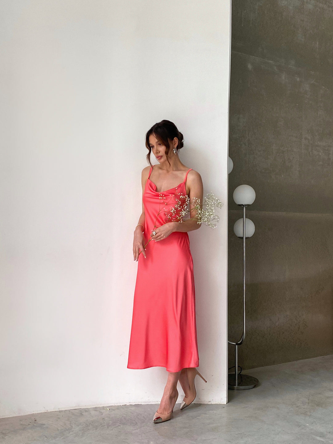 Selin Open back silk slip coral