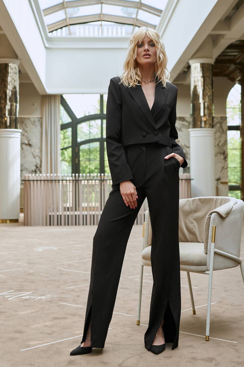 Black chic crop blazer and high waist pants with slits set