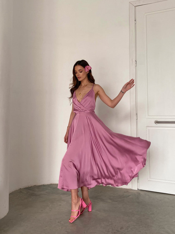 Lilac Silk Midi Dress with Open back