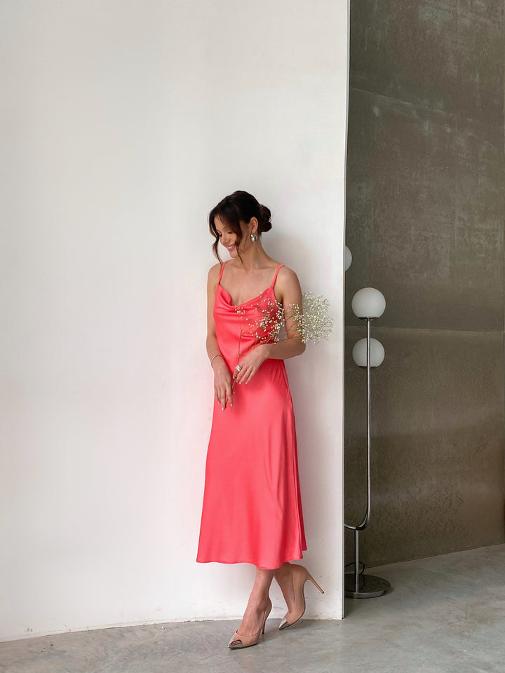 Selin Open back silk slip coral