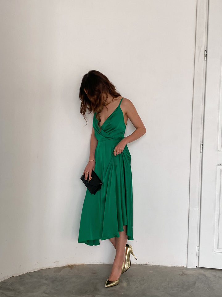 Grass Green Silk Midi Dress Open Back