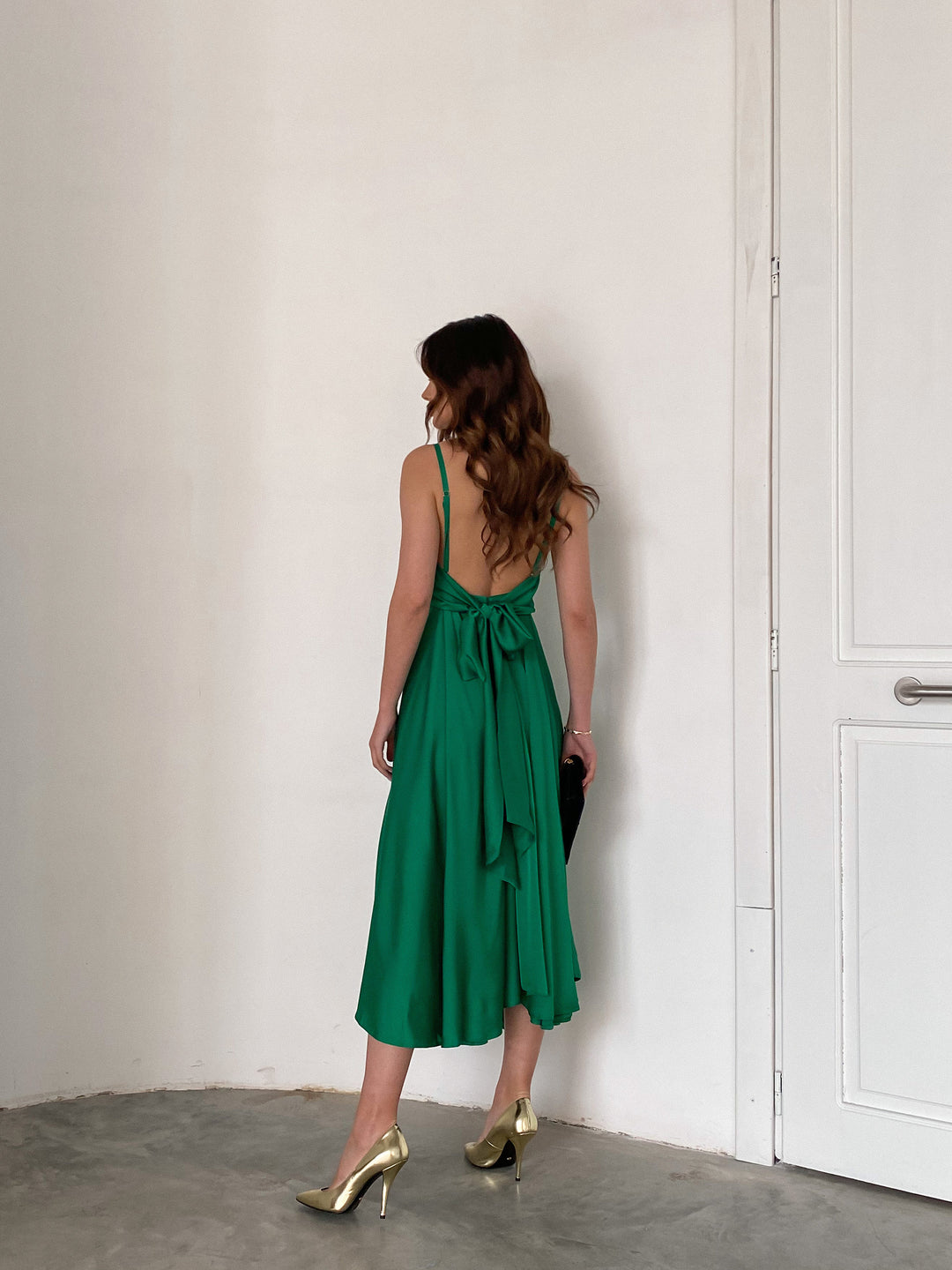 Grass Green Silk Midi Dress Open Back