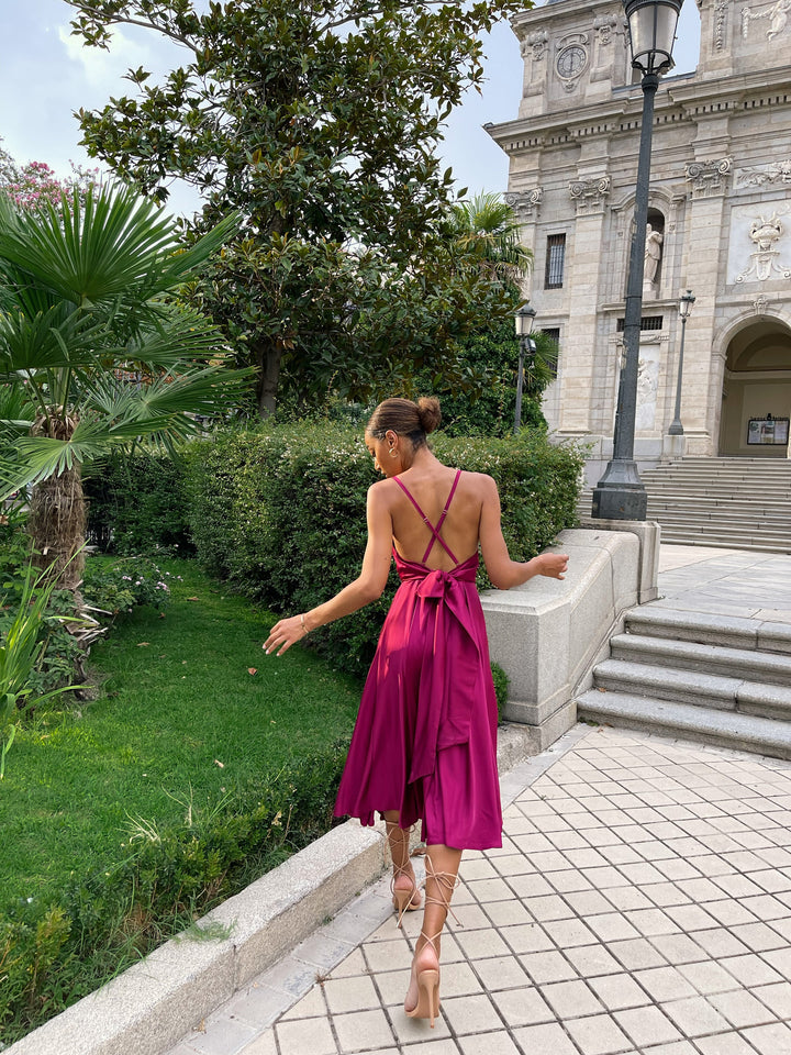 Fuchsia Silk Midi Dress with Open back